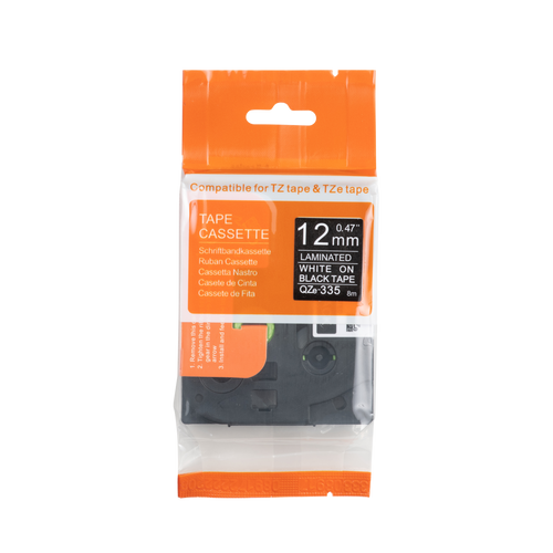 Brother compatible TZE-335 tape, wit op zwart, 12 mm x 8 m